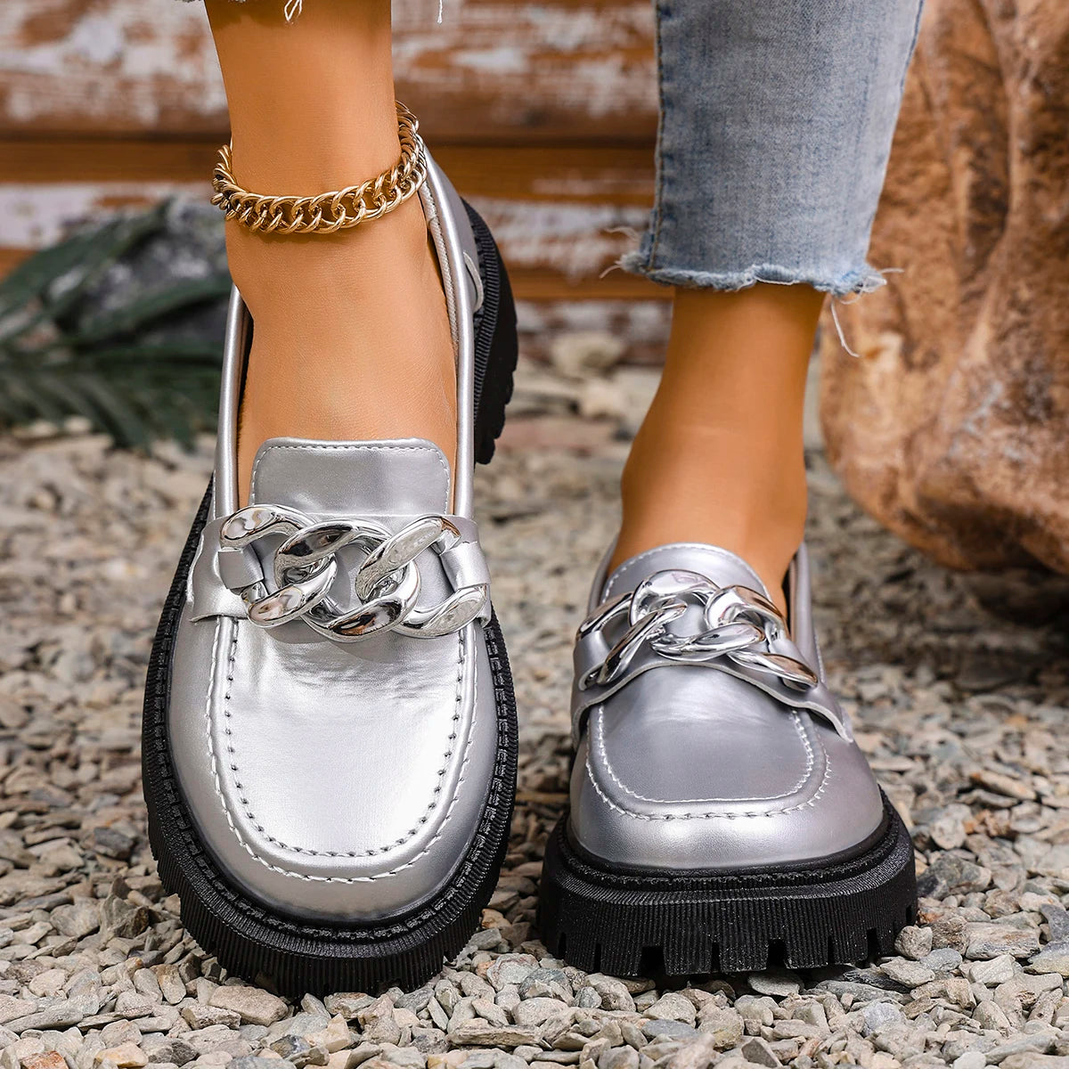 Chain Decor Silver Loafers