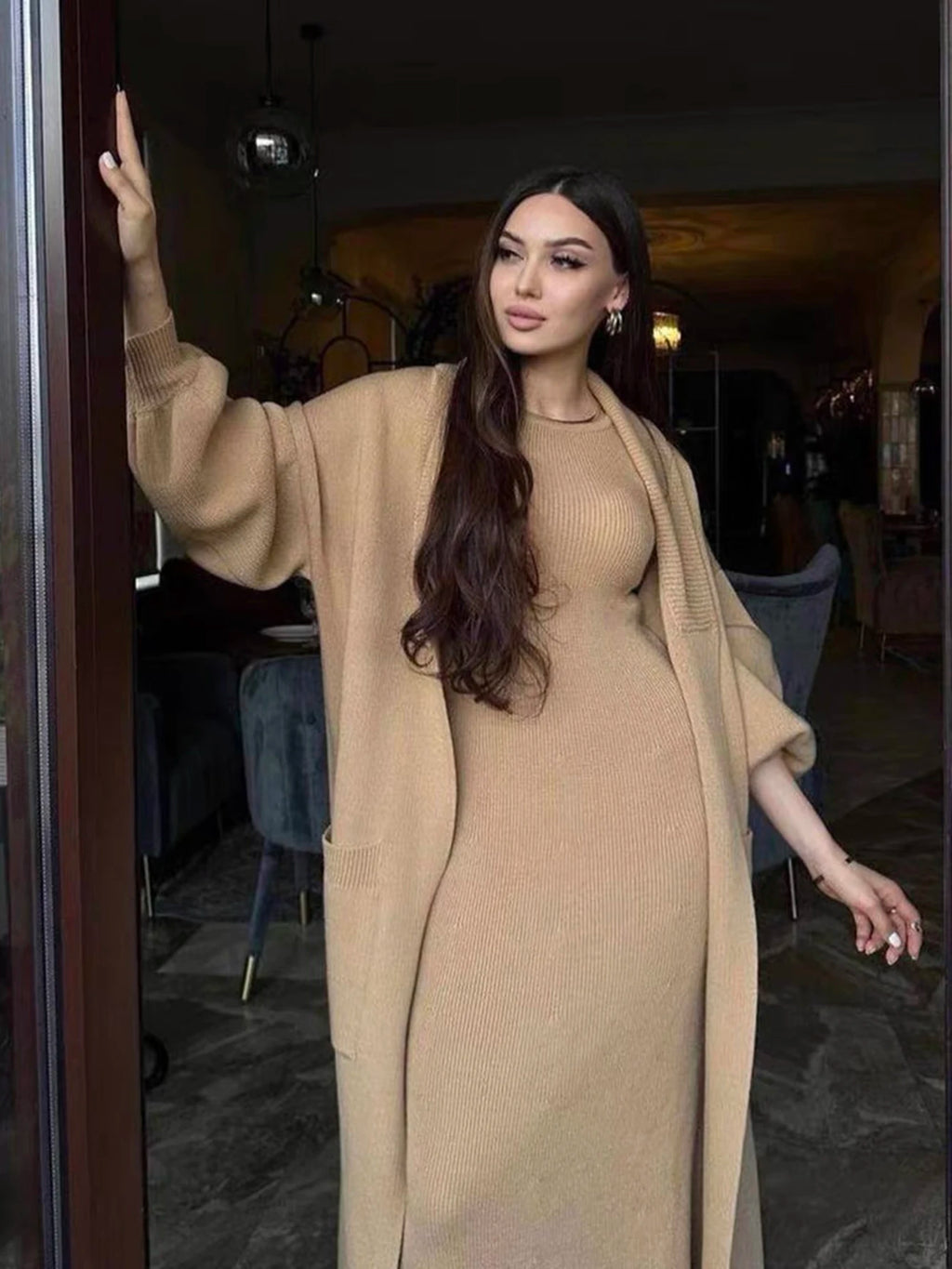 Solid Color Knitted Long Sleeved Loose Cardigan Casual Two-Piece Set