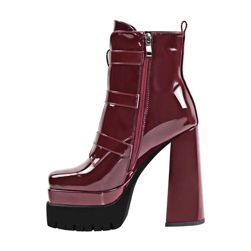 Square Toe Double Platform Patent Leather Boots