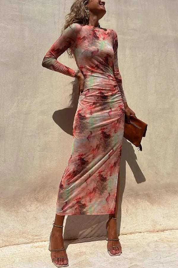 Tie Dye Printed Mesh Long Dress