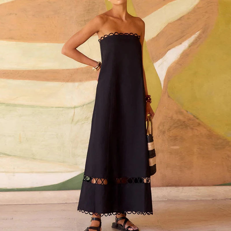 Pleated Hollow Strapless High Waist Evening Dress