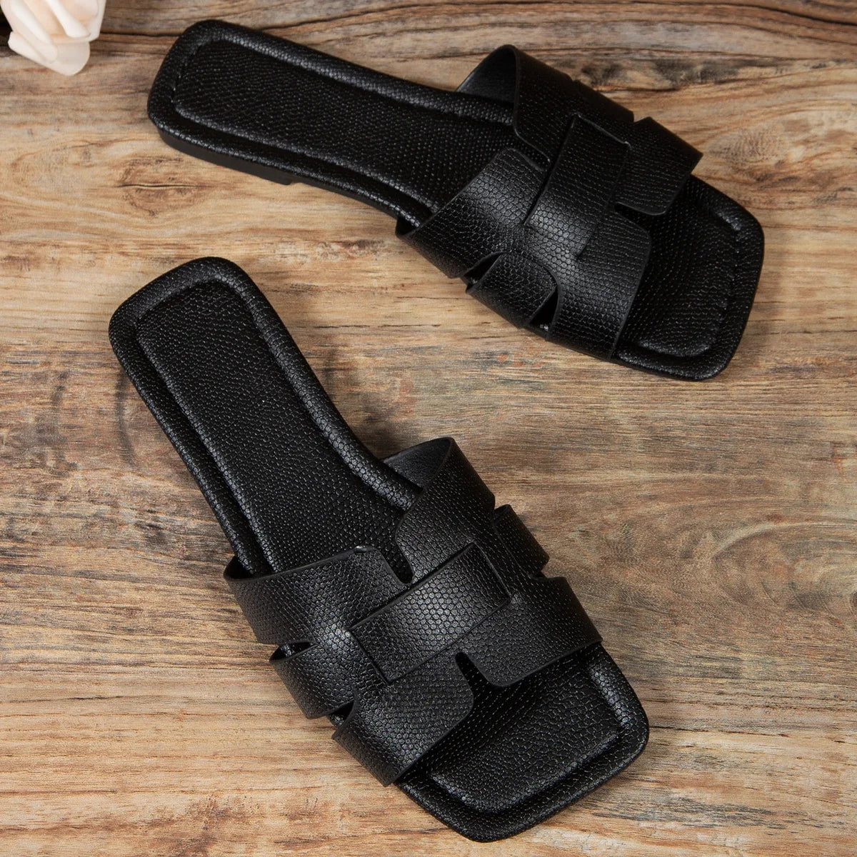 Black Leather Women's Slides