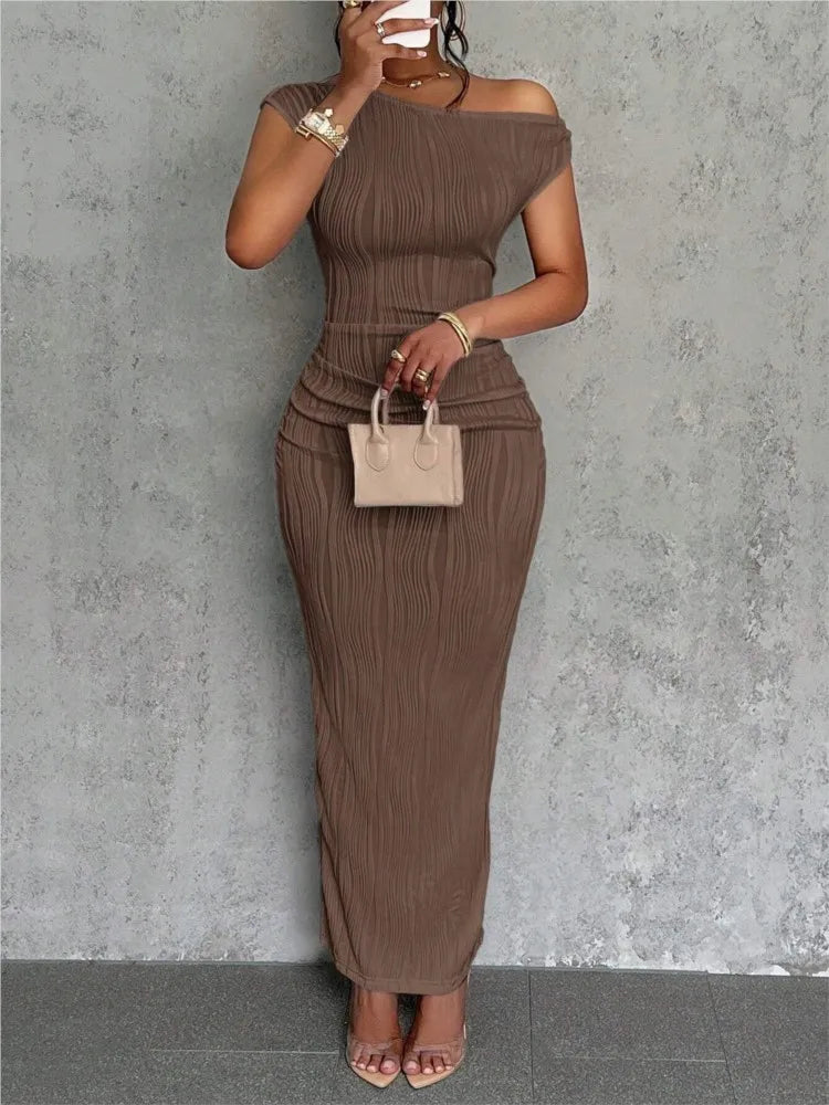 Slanted Shoulder Dress Solid  A-line Collar Mid-Waist Dress