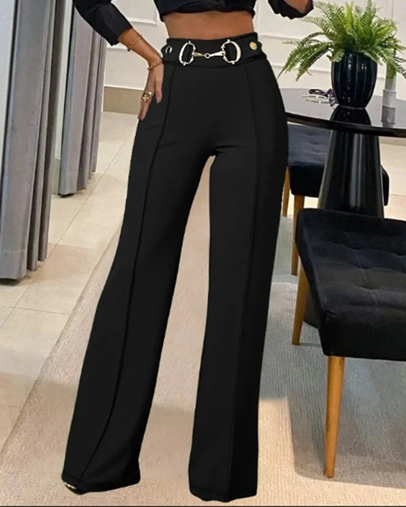 High-Waisted Metal Buckle Women's Straight-Leg Trousers