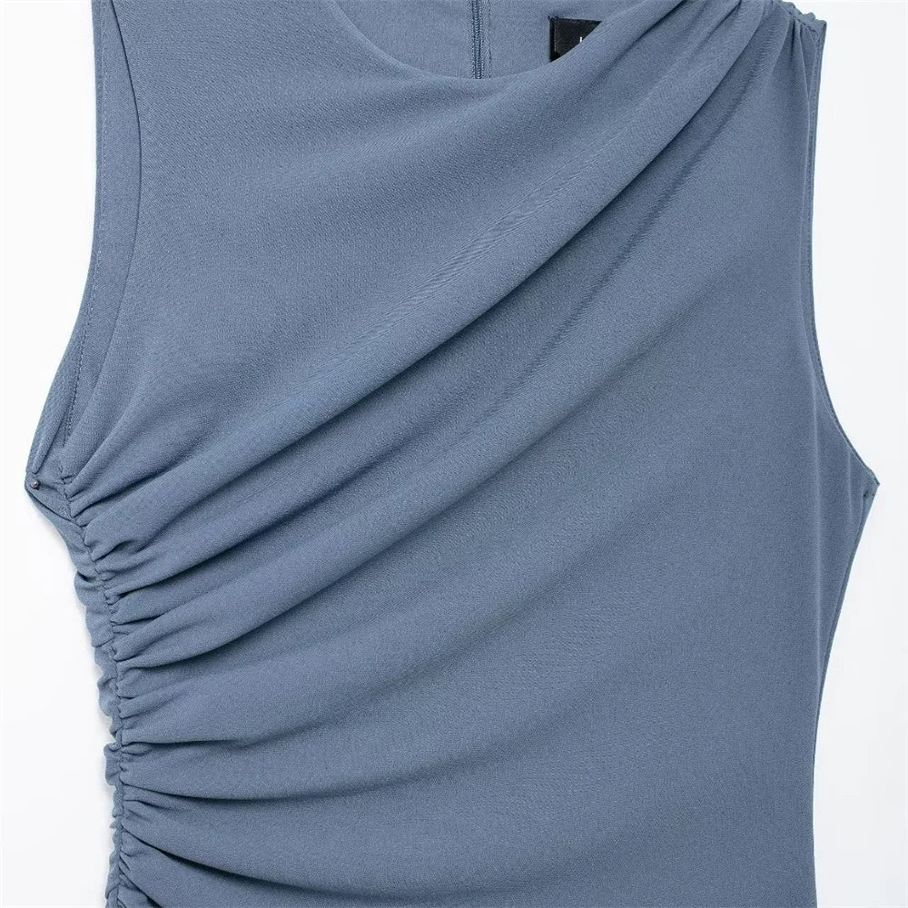 Round Neck Sleeveless Pleated Midi Dress
