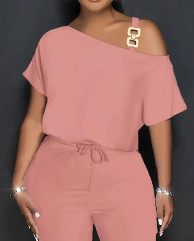 Women Shoulder Chain Drawstring Jumpsuit