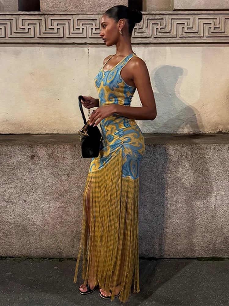 Tassels Print Long Sleeveless Dress