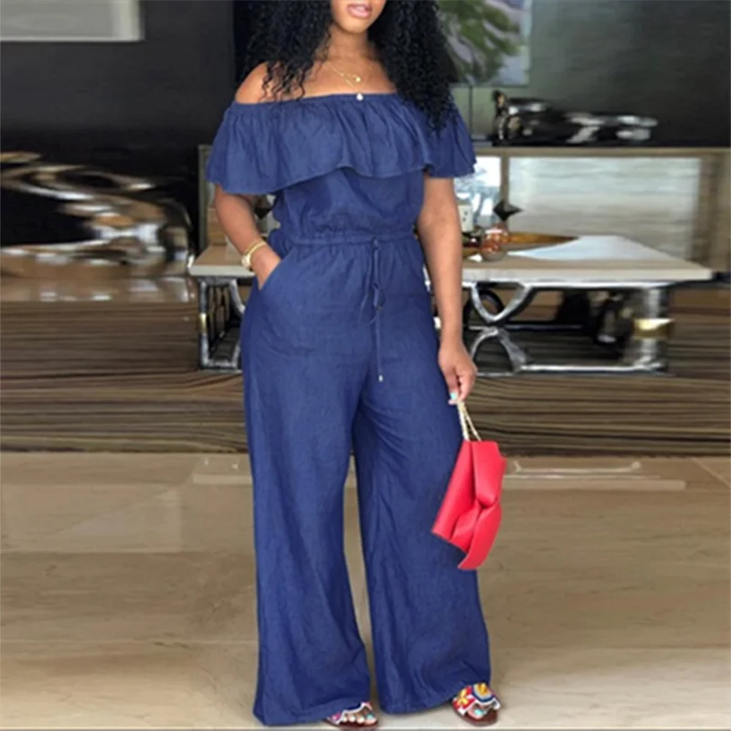 Denim Wide Leg Jumpsuit with Ruffles