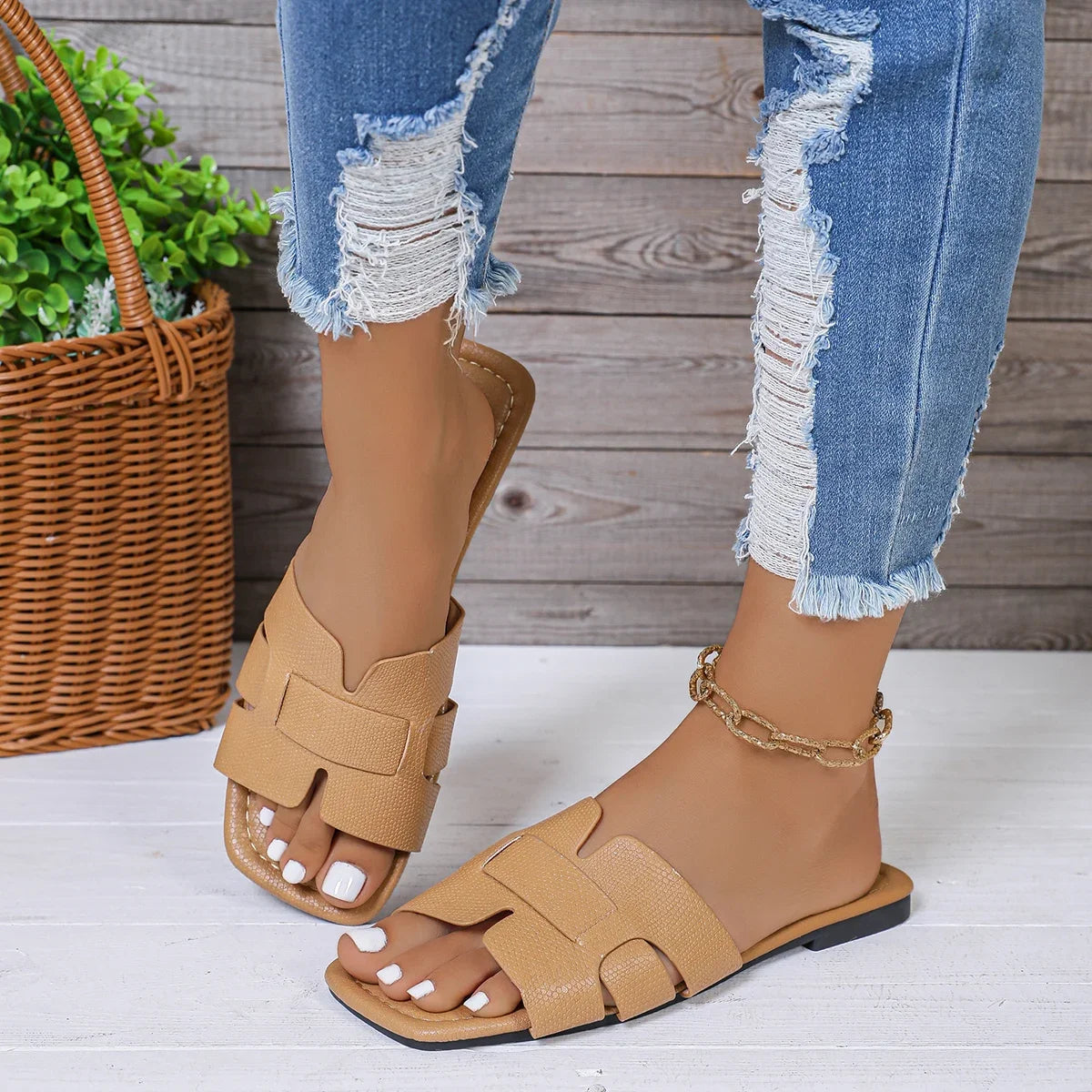 Black Leather Women's Slides