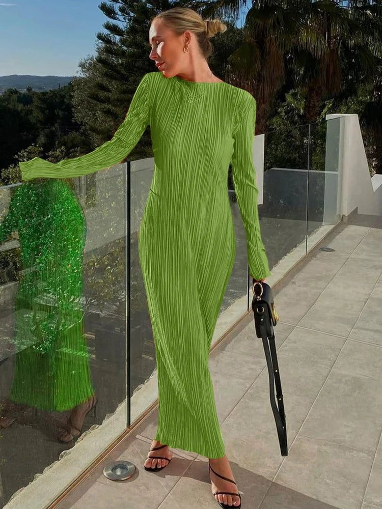 Ribbed Solid Long Sleeve Maxi Dress