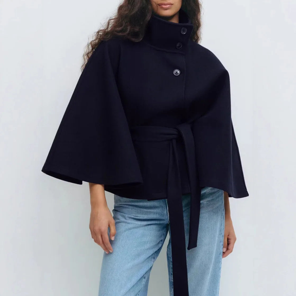 Blue Cape Stand Collar  Belted Coat