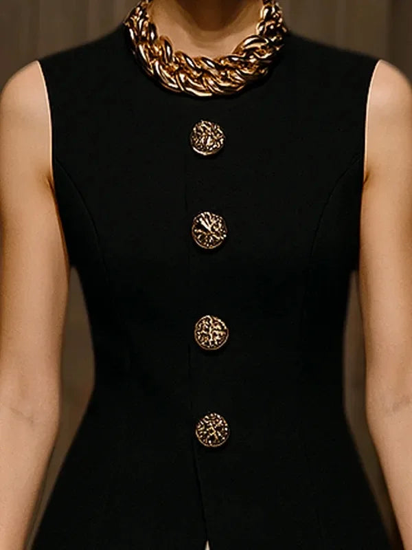 Buttoned Solid Color Sleeveless Shirt