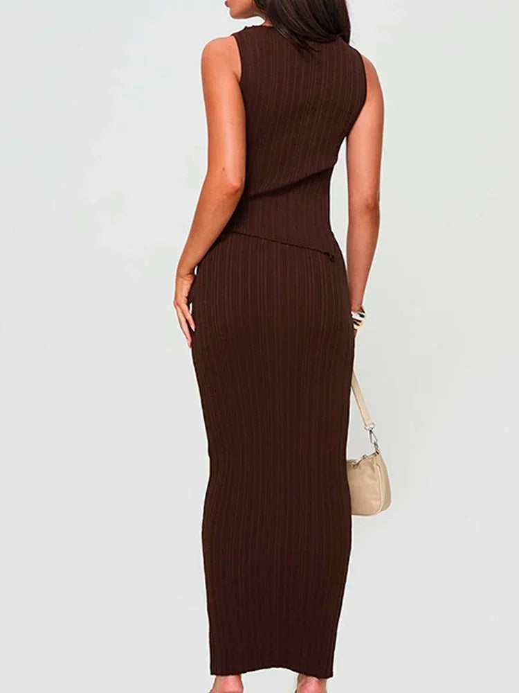 Brown Knitted Two Piece  Dress Set