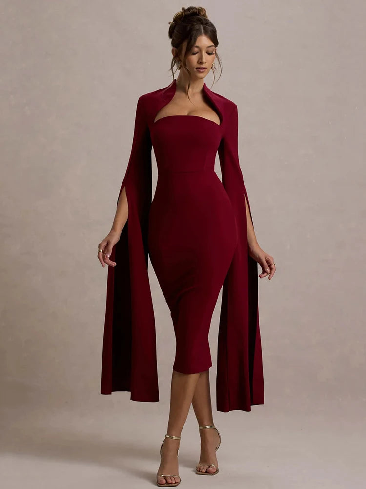 Cape Long Sleeve Midi Dress
