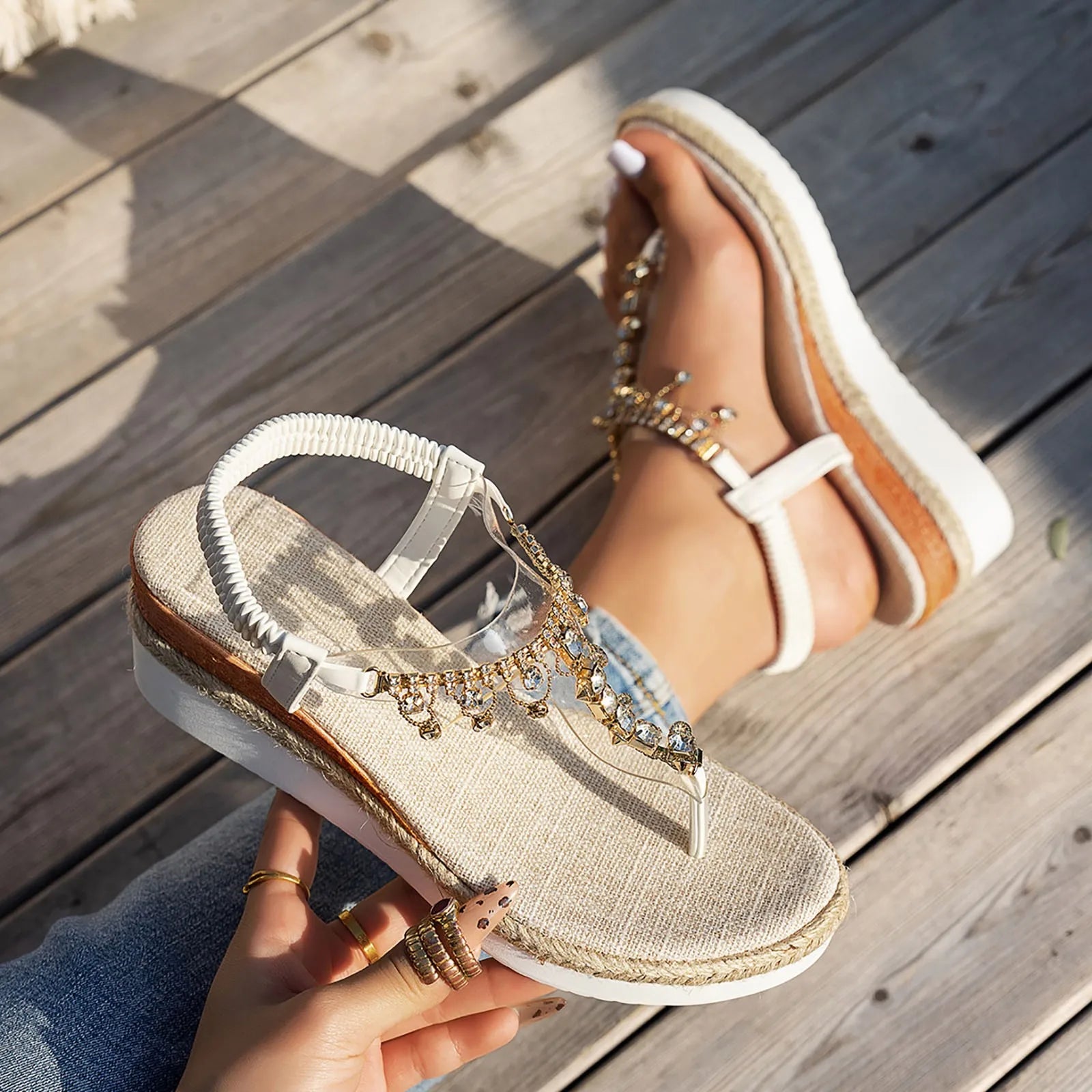 Womens Bohemian Rhinestone Sandals