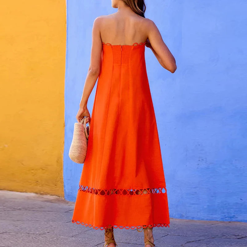Pleated Hollow Strapless High Waist Evening Dress