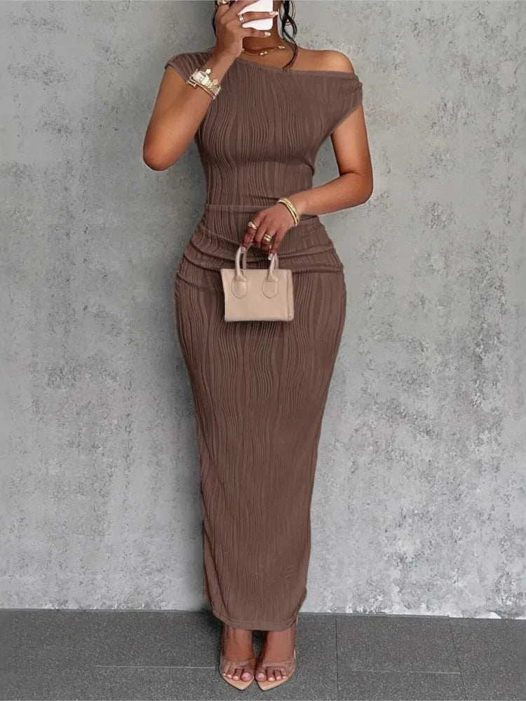 Slanted Shoulder Dress Solid  A-line Collar Mid-Waist Dress