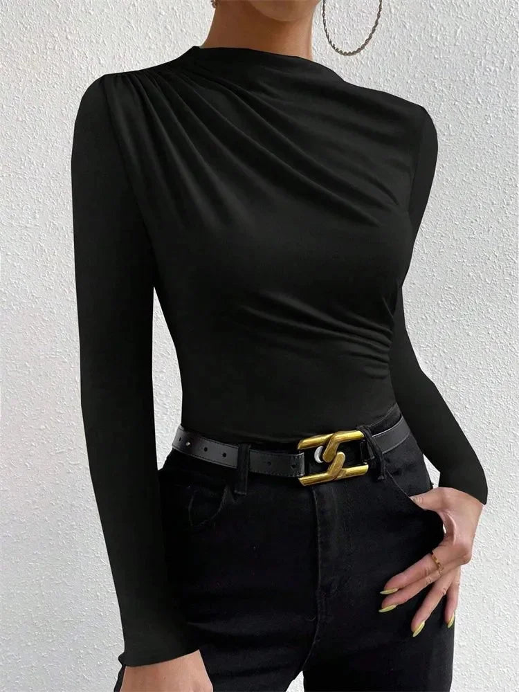 Casual Pleated Mock Neck Shirt