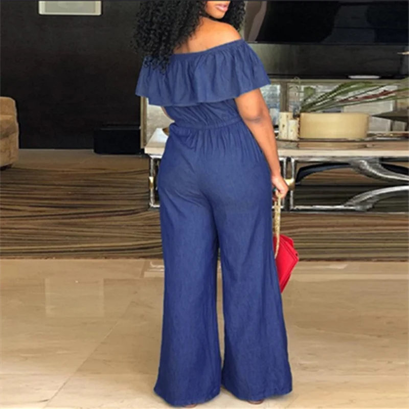 Denim Wide Leg Jumpsuit with Ruffles