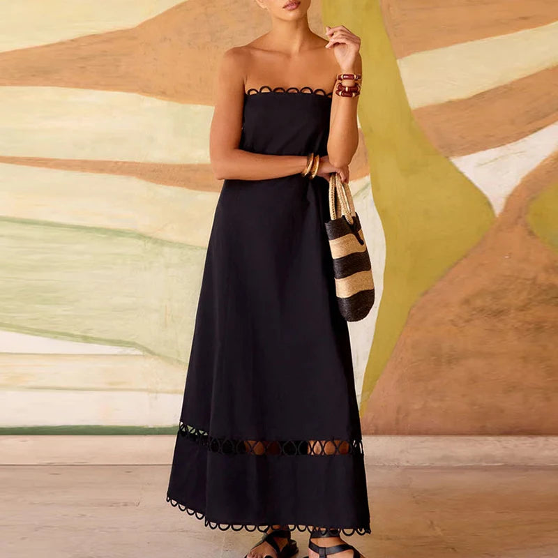 Pleated Hollow Strapless High Waist Evening Dress