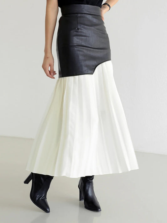 Patchwork Faux Leather Pleated Skirt