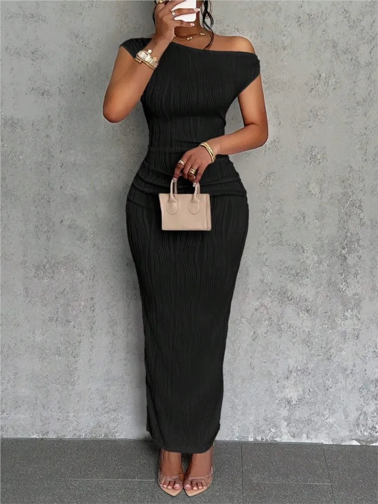 Slanted Shoulder Dress Solid  A-line Collar Mid-Waist Dress