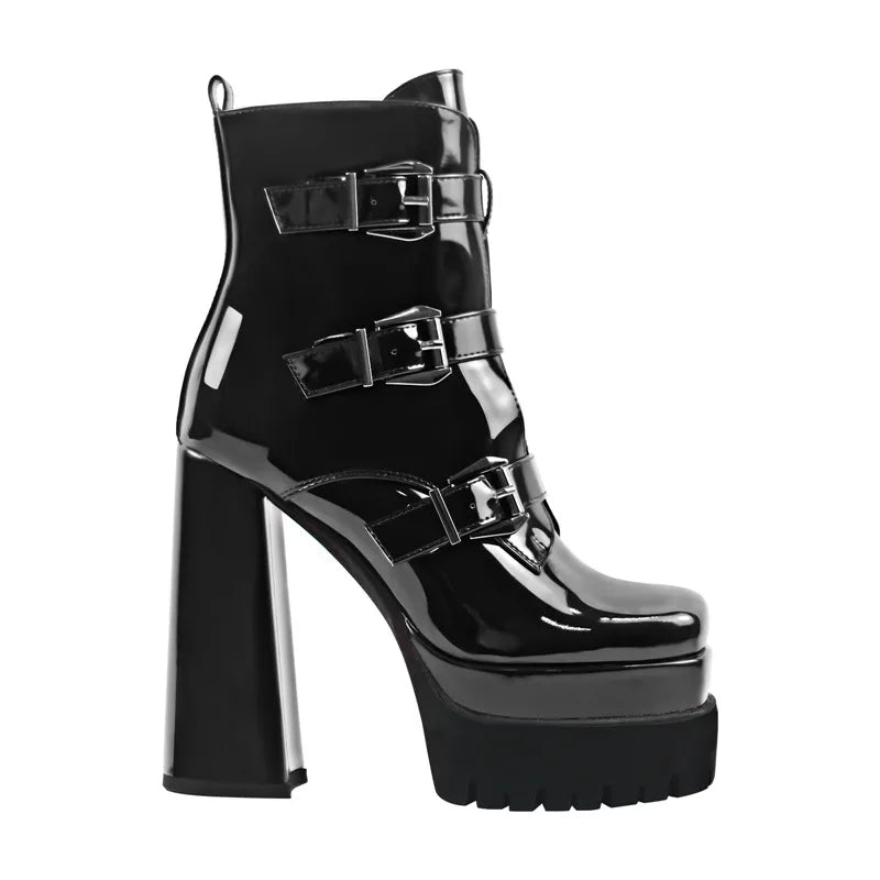 Square Toe Double Platform Patent Leather Boots