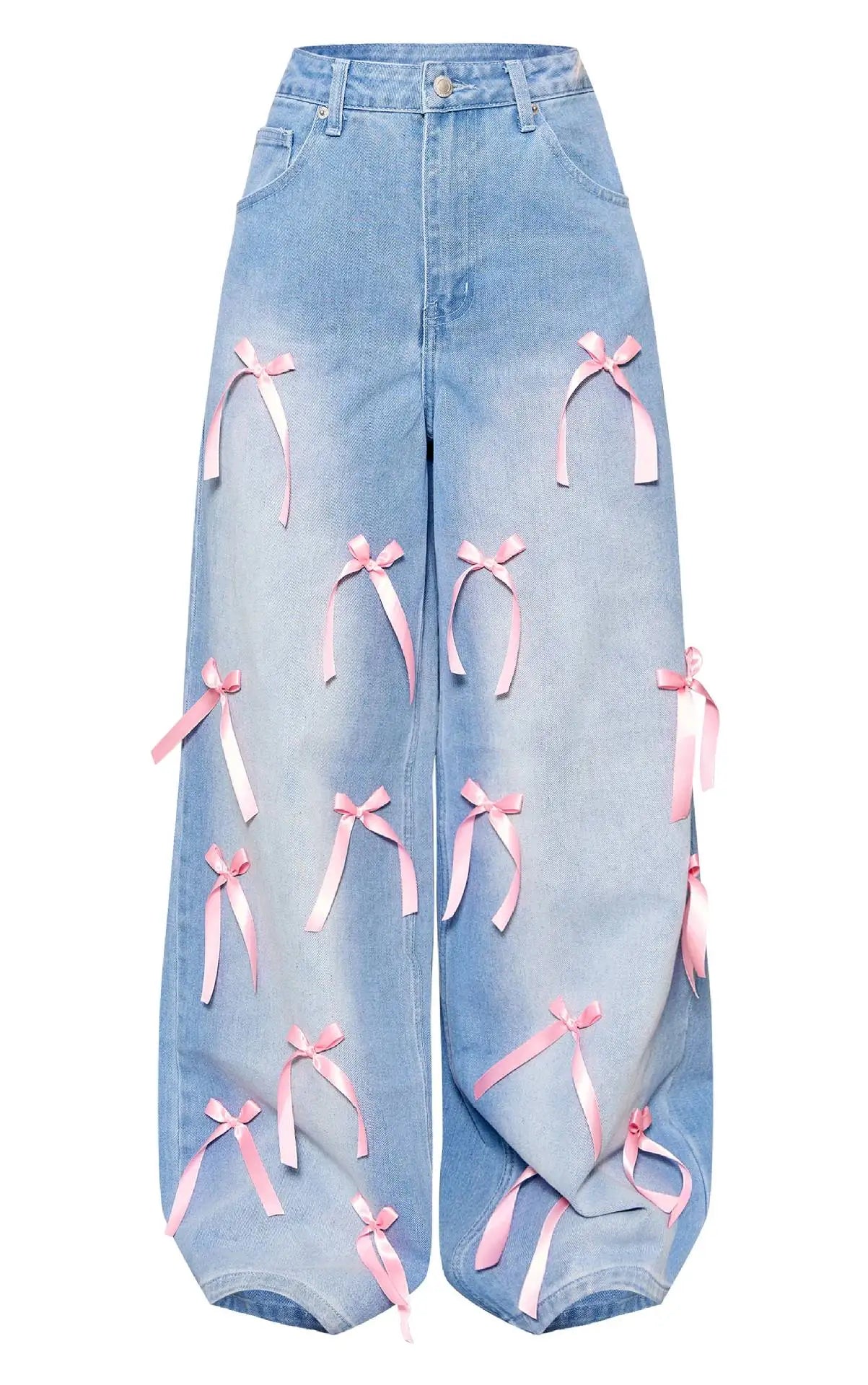 Women Pink Ribbon Wide Leg Denim