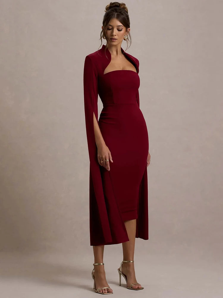 Cape Long Sleeve Midi Dress