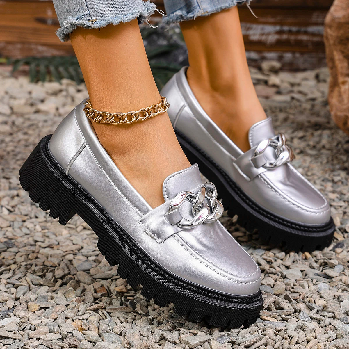 Chain Decor Silver Loafers