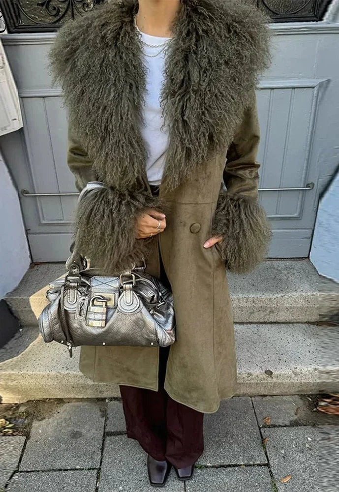 Elegant Faux Fur Patchwork Woolen Coat