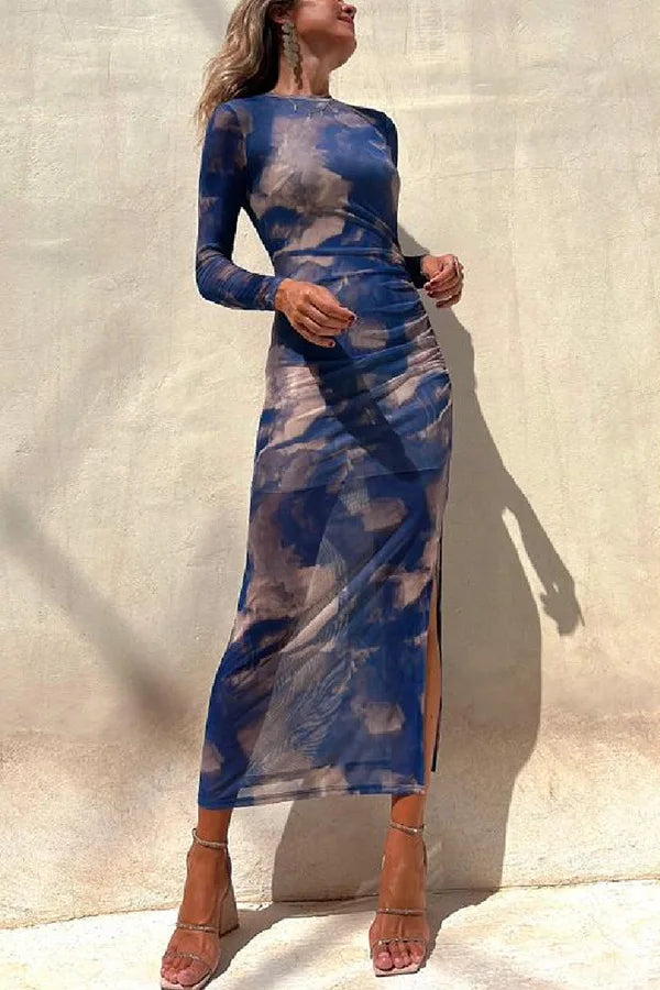 Tie Dye Printed Mesh Long Dress