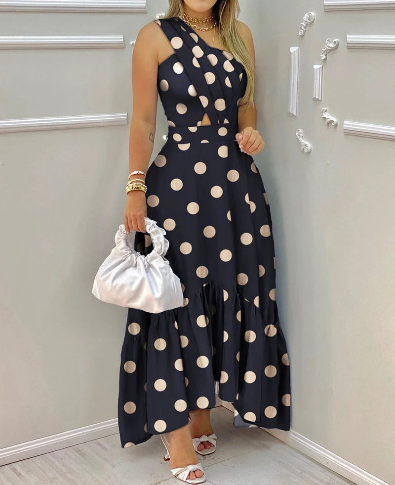 Polka Dot Print Cross Waisted Hollowed Out Long Dress