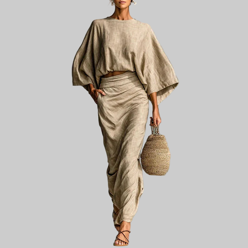 Crew Neck Batwing Sleeve Top And Pleated Skirt Suit Autumn Outfit Set