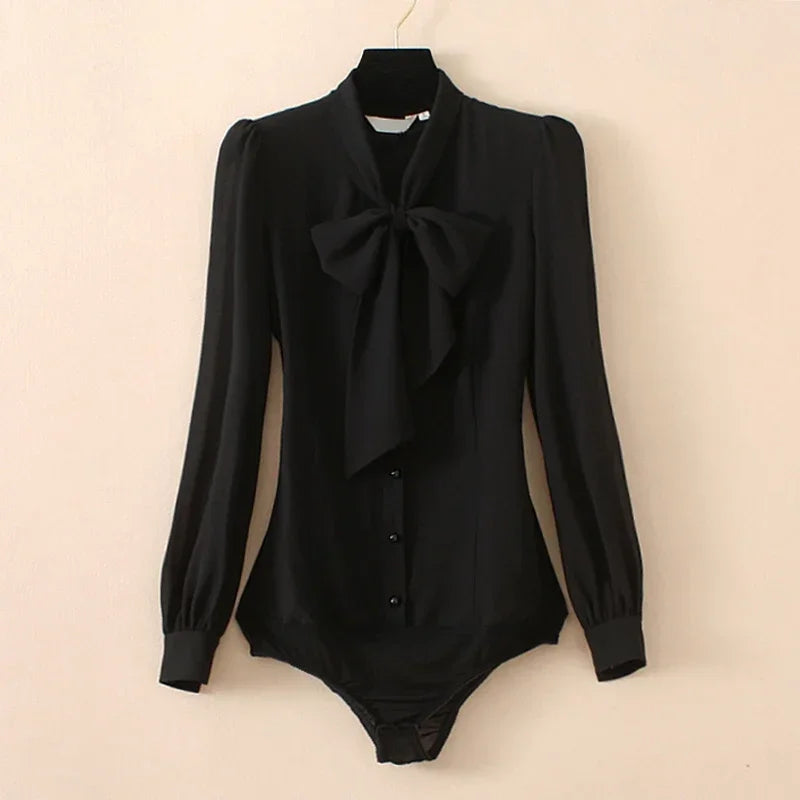 Women Bow Tie  Long Sleeved Bodysuit