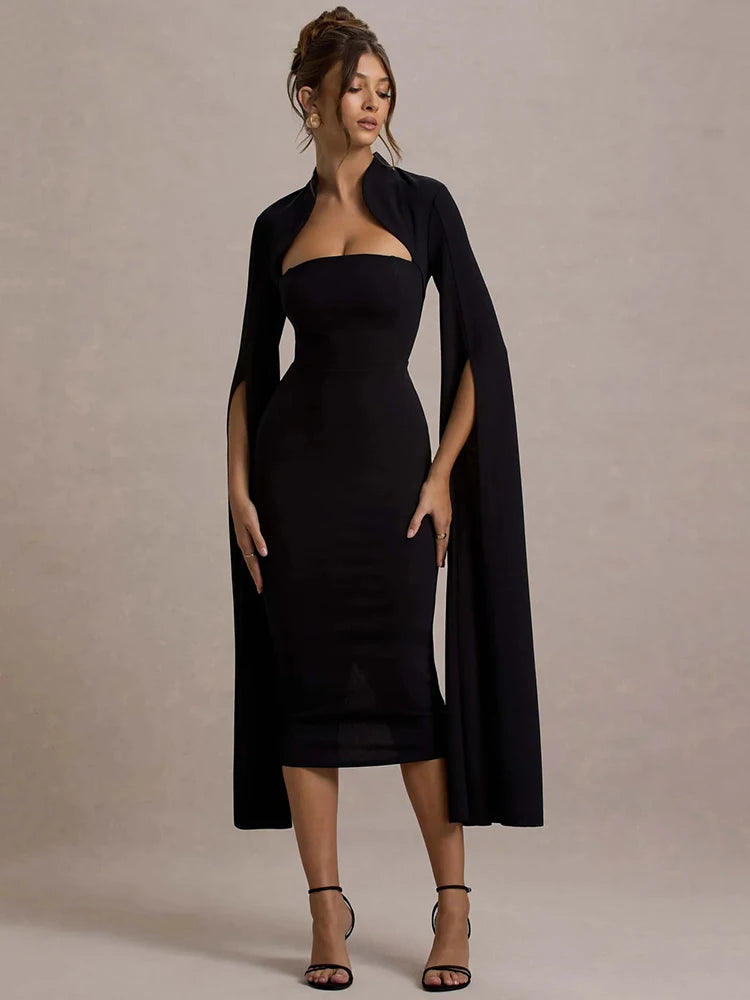 Cape Long Sleeve Midi Dress