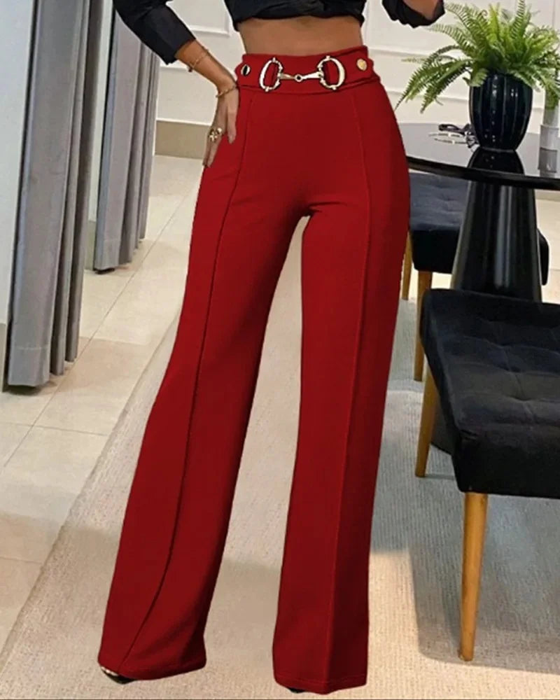 High-Waisted Metal Buckle Women's Straight-Leg Trousers