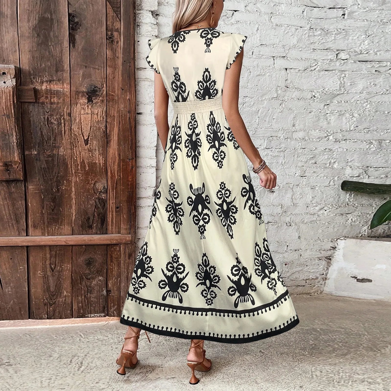 Women's High Waist Printed V-neck Dress