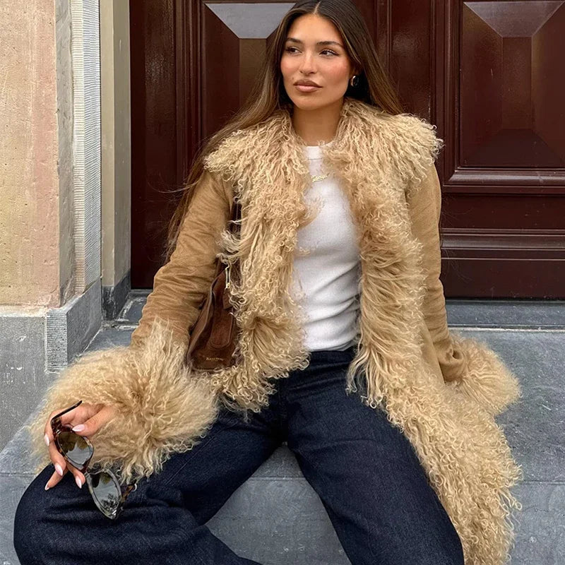 Elegant Faux Fur Patchwork Woolen Coat