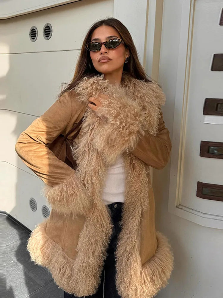 Elegant Faux Fur Patchwork Woolen Coat