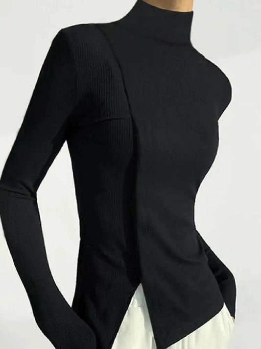 Long Sleeves Solid Color Split-Joint High Neck Shirt