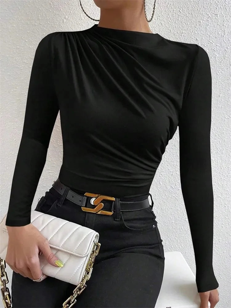 Casual Pleated Mock Neck Shirt