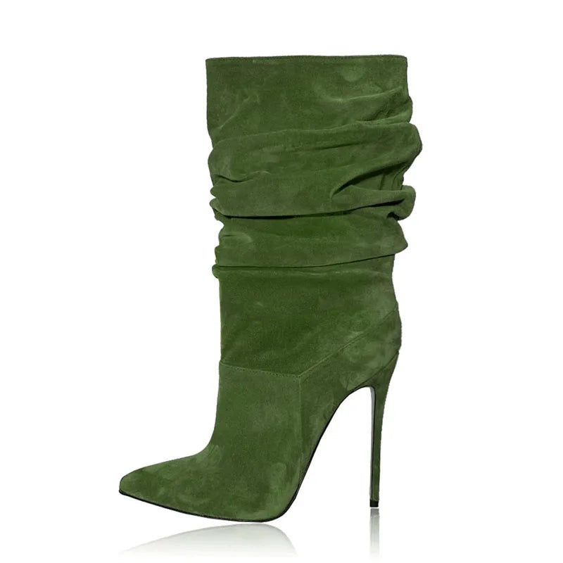 Suede Pointed Toe Mid Calf Boots