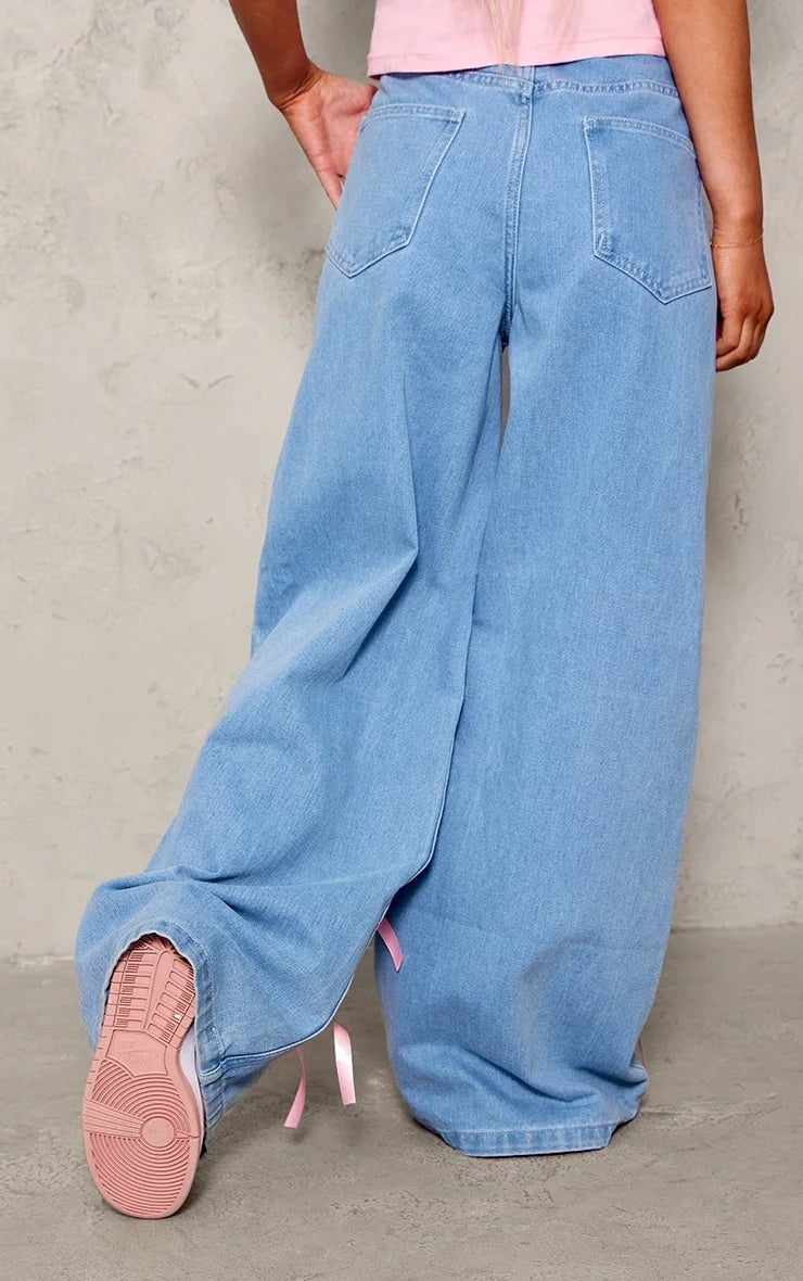 Women Pink Ribbon Wide Leg Denim