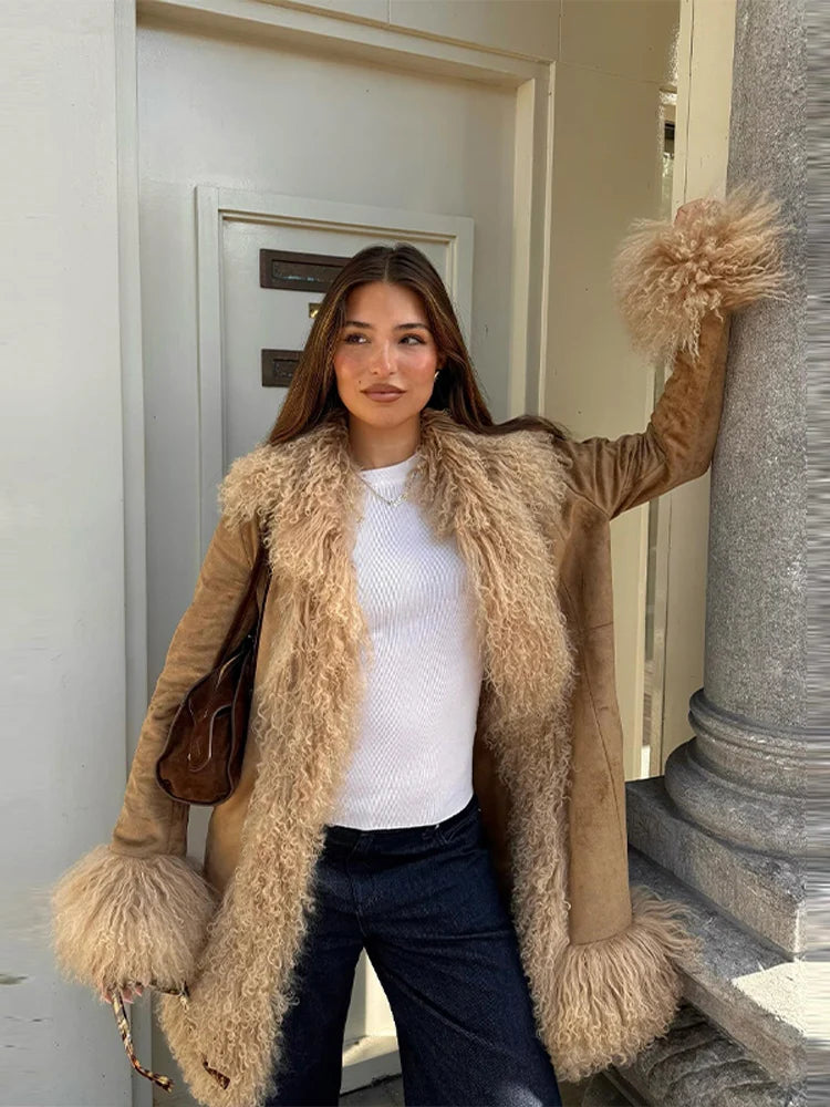 Elegant Faux Fur Patchwork Woolen Coat