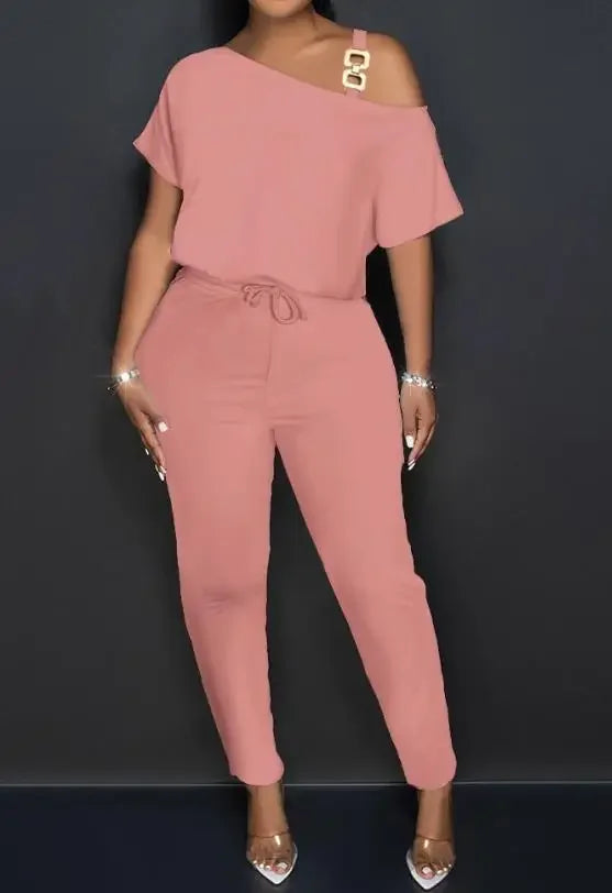 Women Shoulder Chain Drawstring Jumpsuit