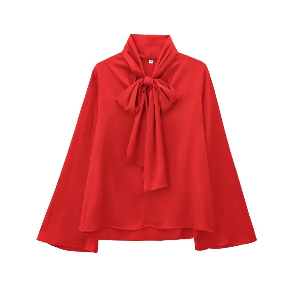 Red  Bow Tie Turn-Down Collar Blouse