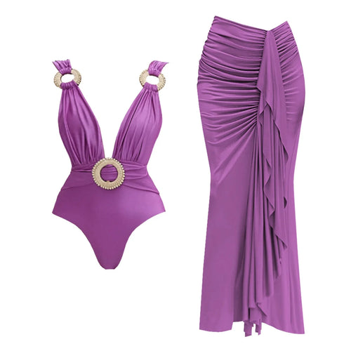 2Piece Deep V Swimsuit With Long Skirt