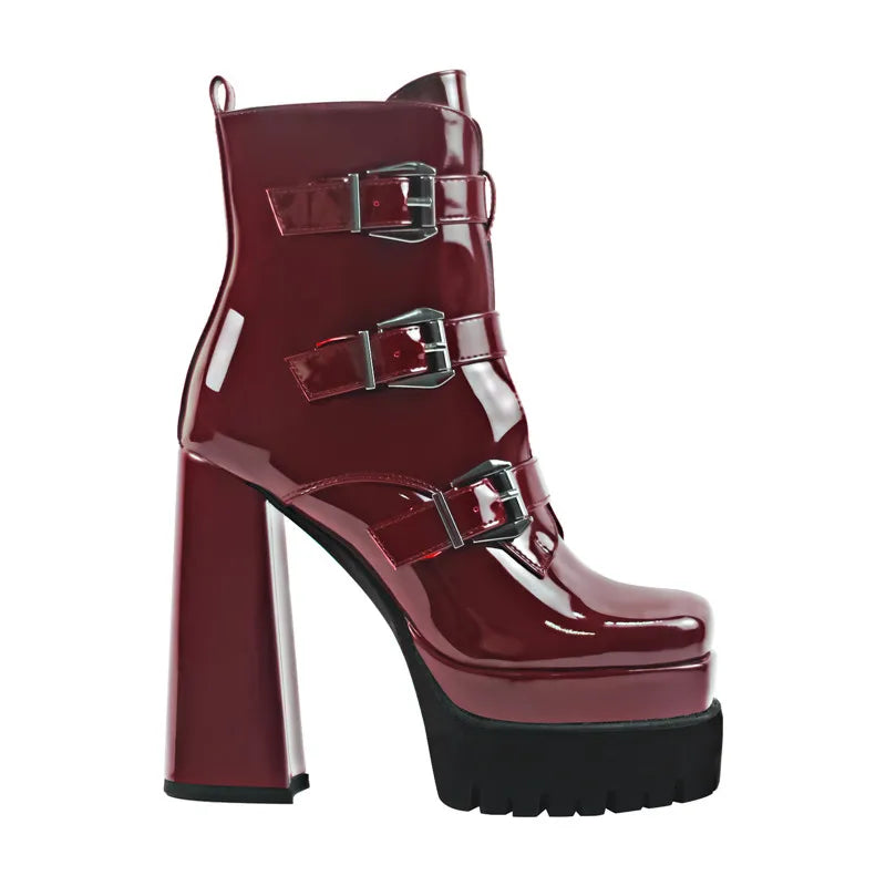 Square Toe Double Platform Patent Leather Boots