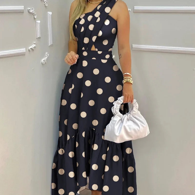Polka Dot Print Cross Waisted Hollowed Out Long Dress